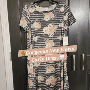Lularoe Carly Roses Floral Striped Dress Unicorn Small Medium New Swing 6 8 10 S